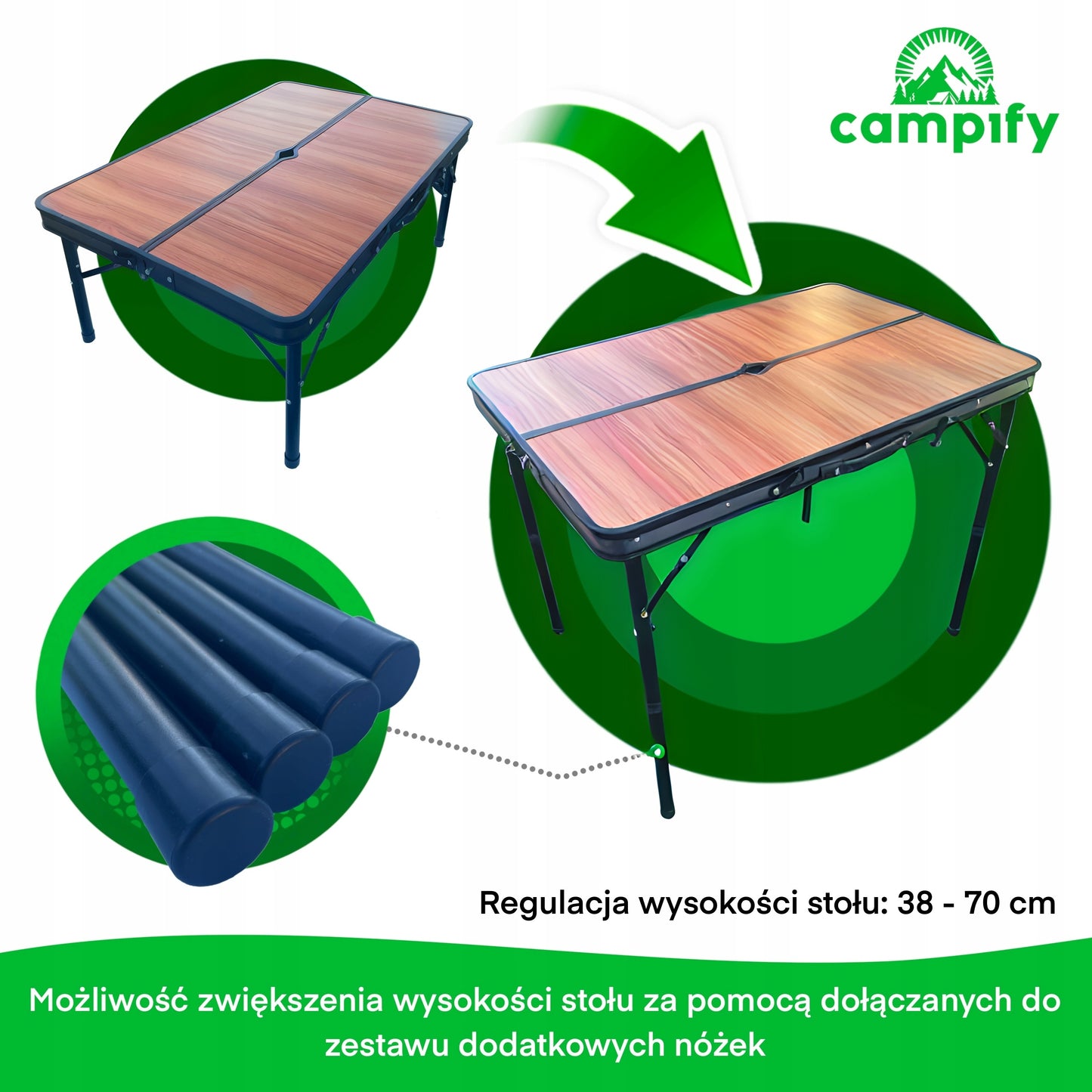 Campify Sulankstomas Stalas + 2 Suolai | Kempingo kelionių rinkinys nameliui ant ratų