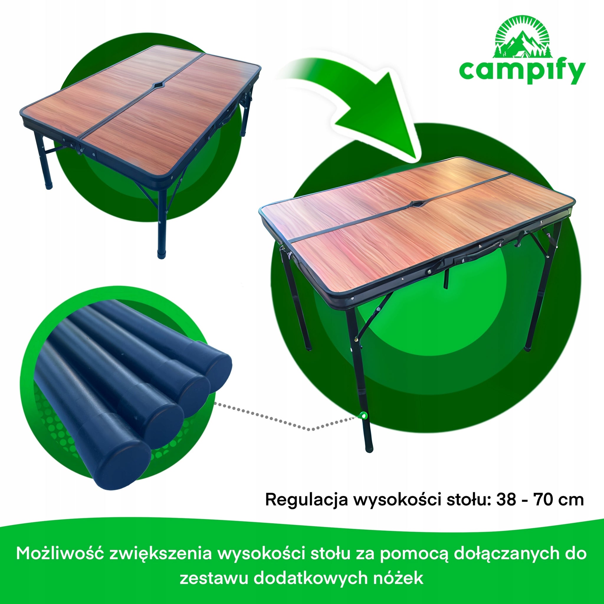 Campify Sulankstomas Stalas + 2 Suolai | Kempingo kelionių rinkinys nameliui ant ratų