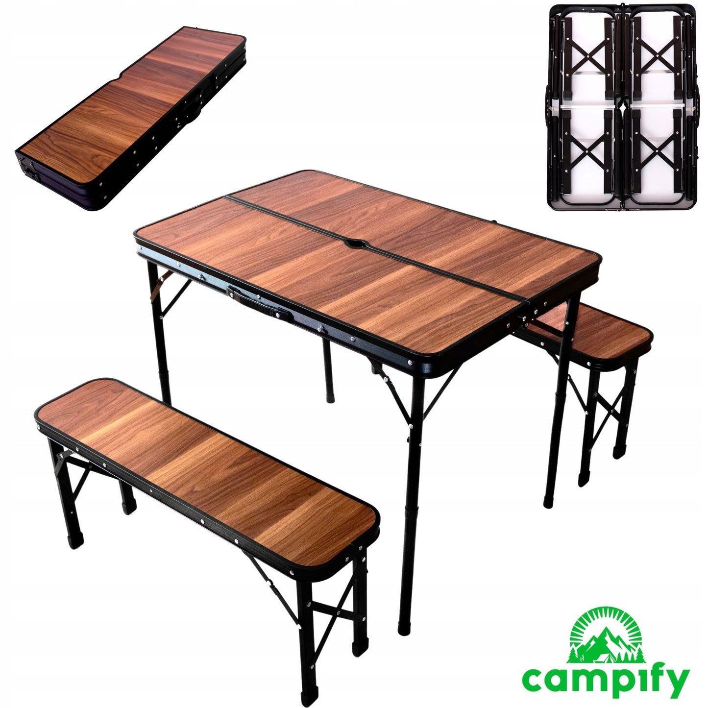 Campify Sulankstomas Stalas + 2 Suolai | Kempingo kelionių rinkinys nameliui ant ratų