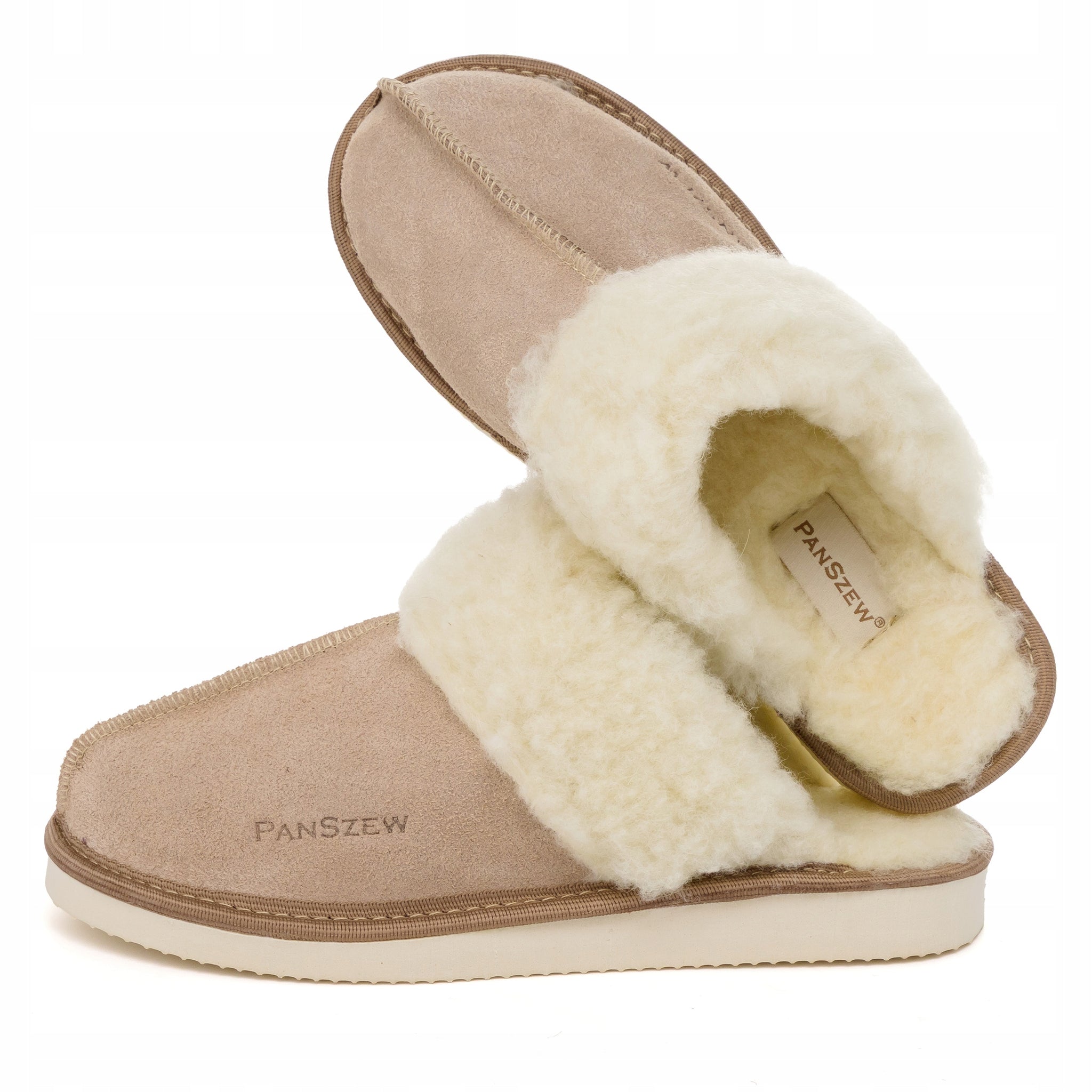 Šiltos moteriškos odinės šlepetės su avinėlio vilna PanSzew