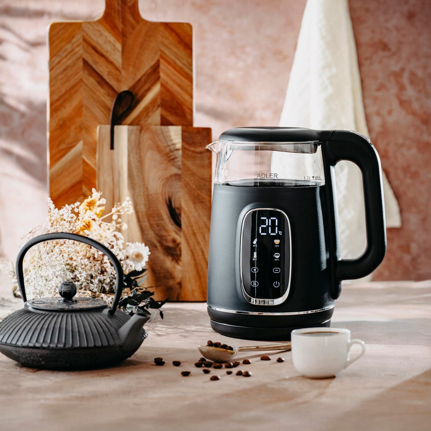 Elektrinis stiklinis virtuvinis virdulys LED su šilumos palaikymo funkcija, 1,7 L, 2200 W