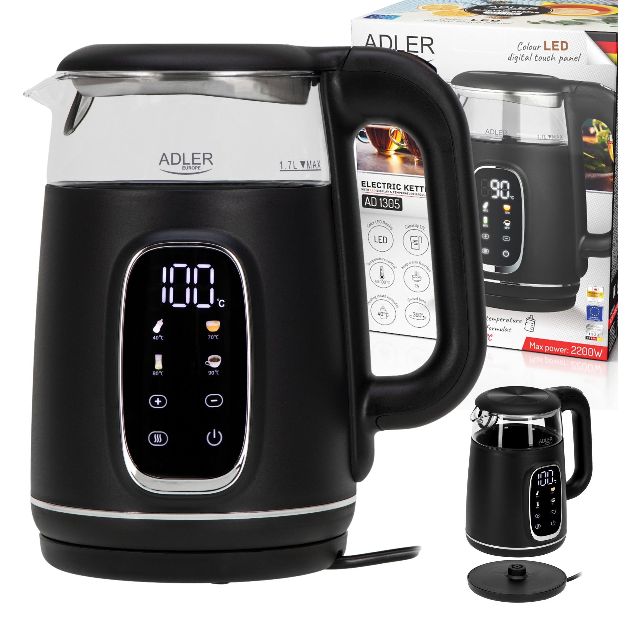 Elektrinis stiklinis virtuvinis virdulys LED su šilumos palaikymo funkcija, 1,7 L, 2200 W