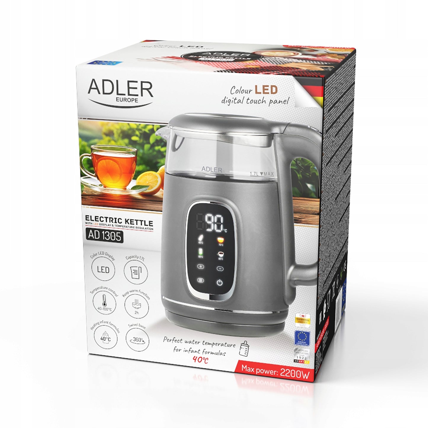 Elektrinis stiklinis virdulys su temperatūros reguliavimu, 1,7 L, 2200 W