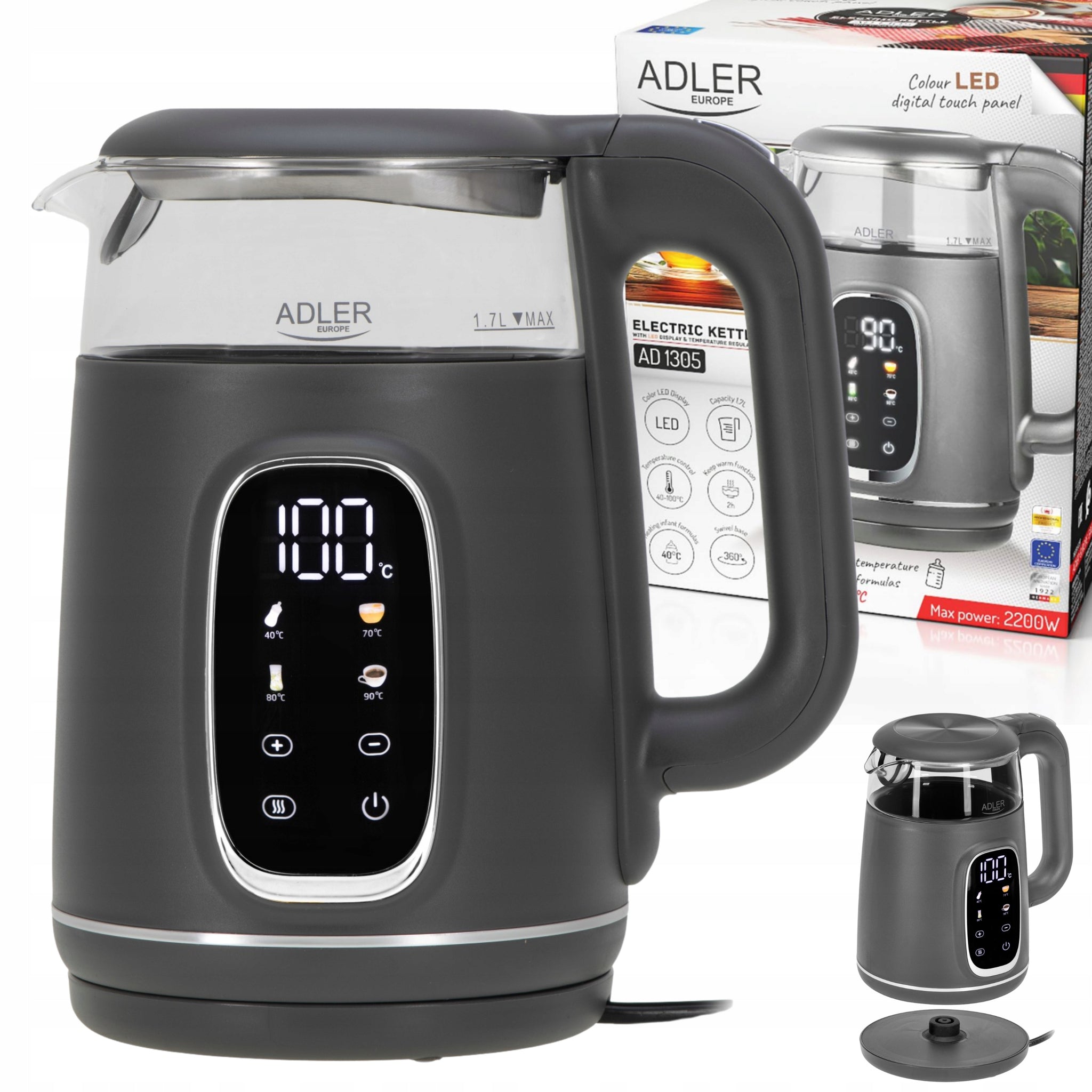 Elektrinis stiklinis virdulys su temperatūros reguliavimu, 1,7 L, 2200 W