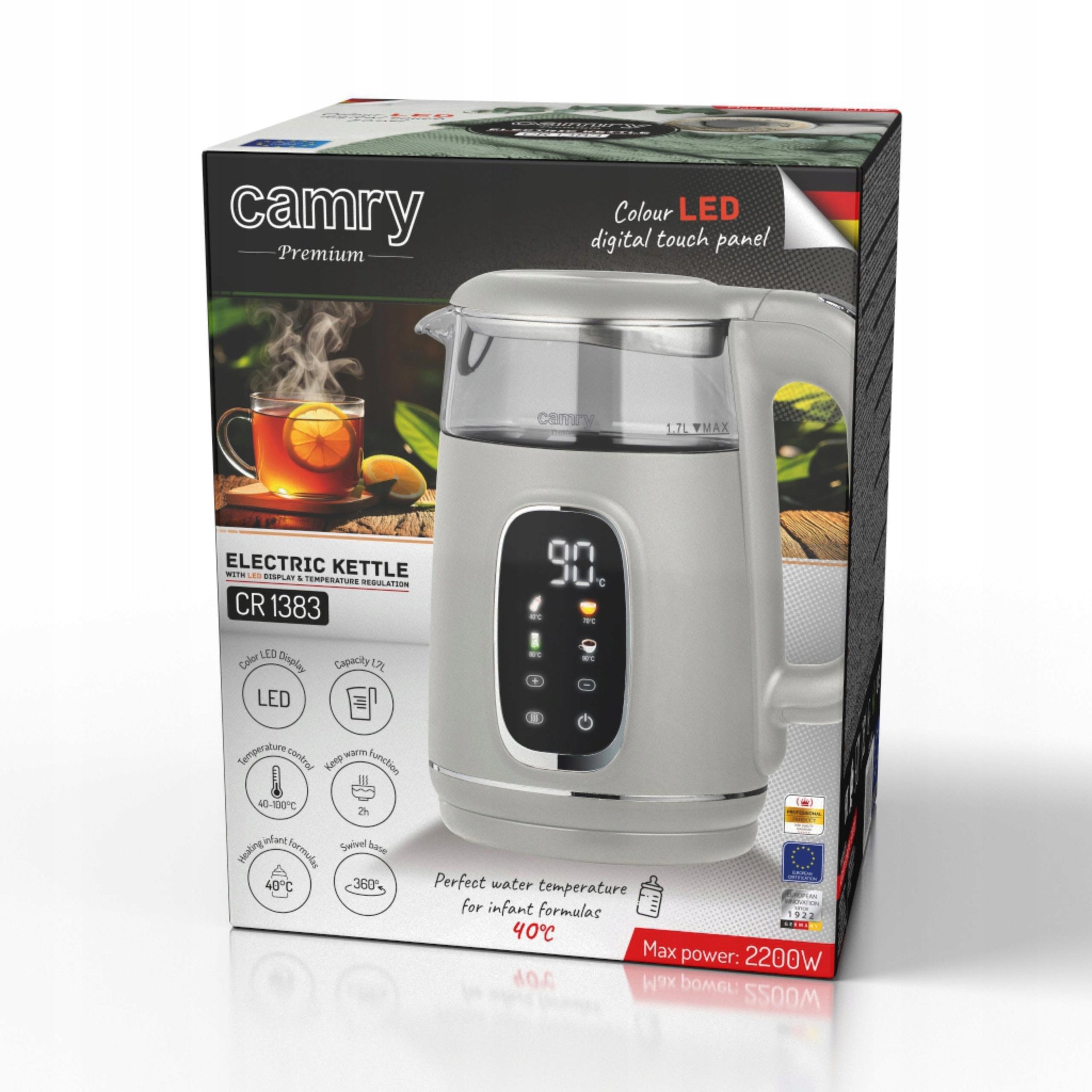 Stiklinis elektrinis virdulys su temperatūros reguliavimu, 1,7 L, 2200 W