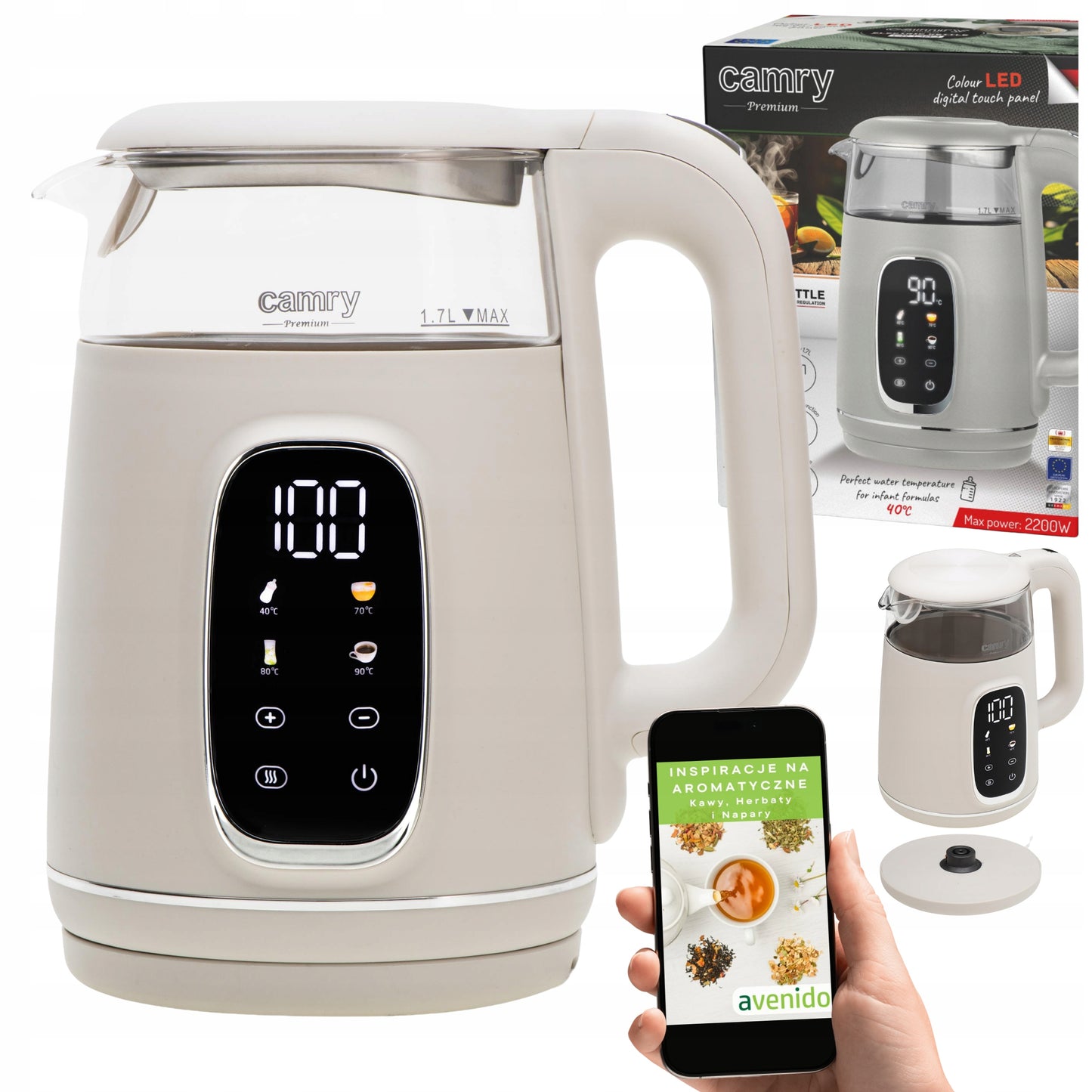 Stiklinis elektrinis virdulys su temperatūros reguliavimu, 1,7 L, 2200 W