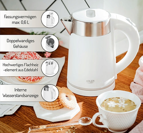 Elektrinis belaidis metalinis virdulys 800W 0,6 L baltas