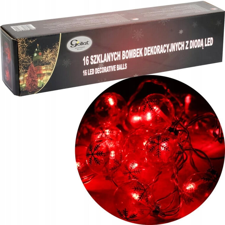 Raudoni stikliniai kalėdiniai burbulai su LED apšvietimu 16 vnt. PAPUOŠALAI