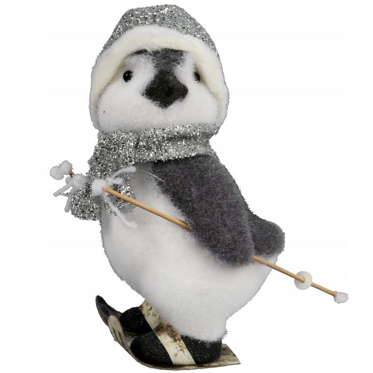 Kalėdinė dekoracija Pingvinas ant slidžių pilkas 28 cm