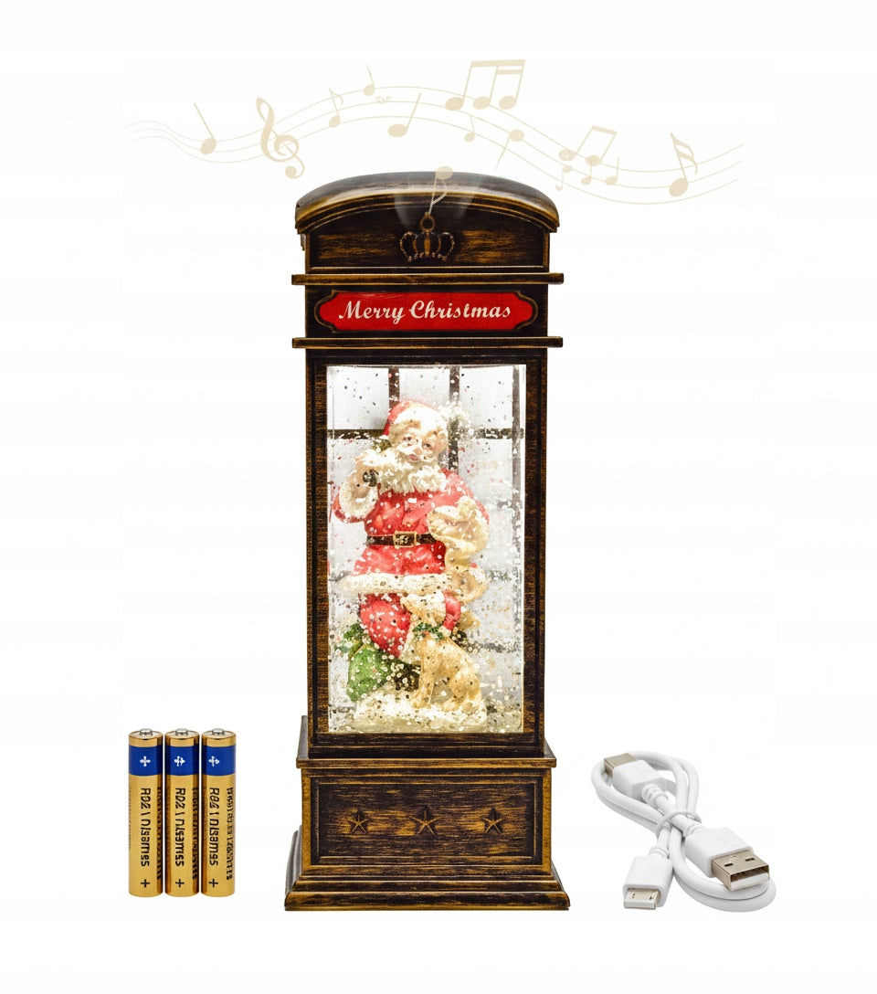 Kalėdinė dekoracija - telefono būdelė su Kalėdų seneliu, dovanomis ir krentančiu sniegu