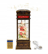 Kalėdinė dekoracija - telefono būdelė su Kalėdų seneliu, dovanomis ir krentančiu sniegu