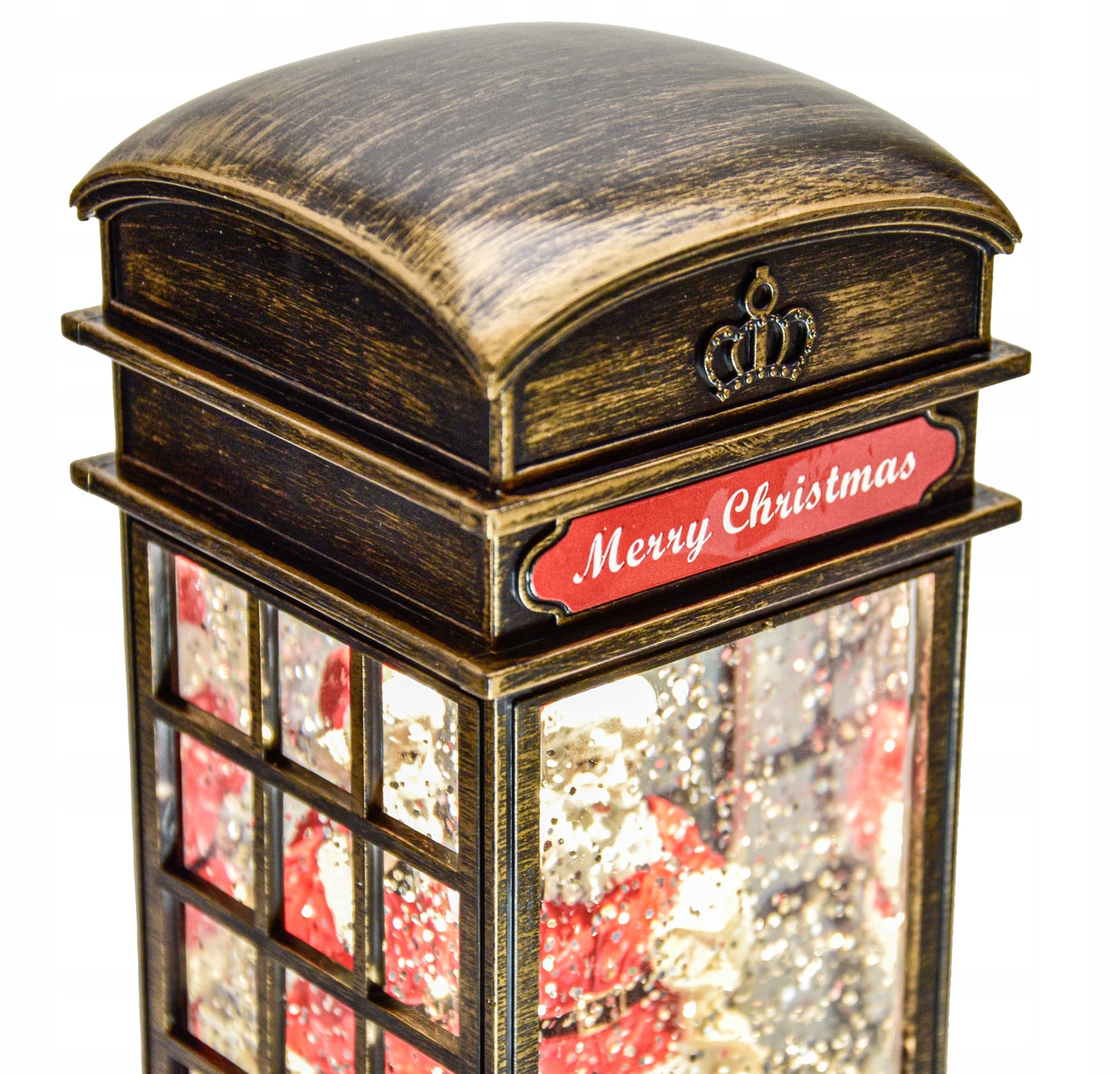 Kalėdinė dekoracija - telefono būdelė su Kalėdų seneliu, dovanomis ir krentančiu sniegu