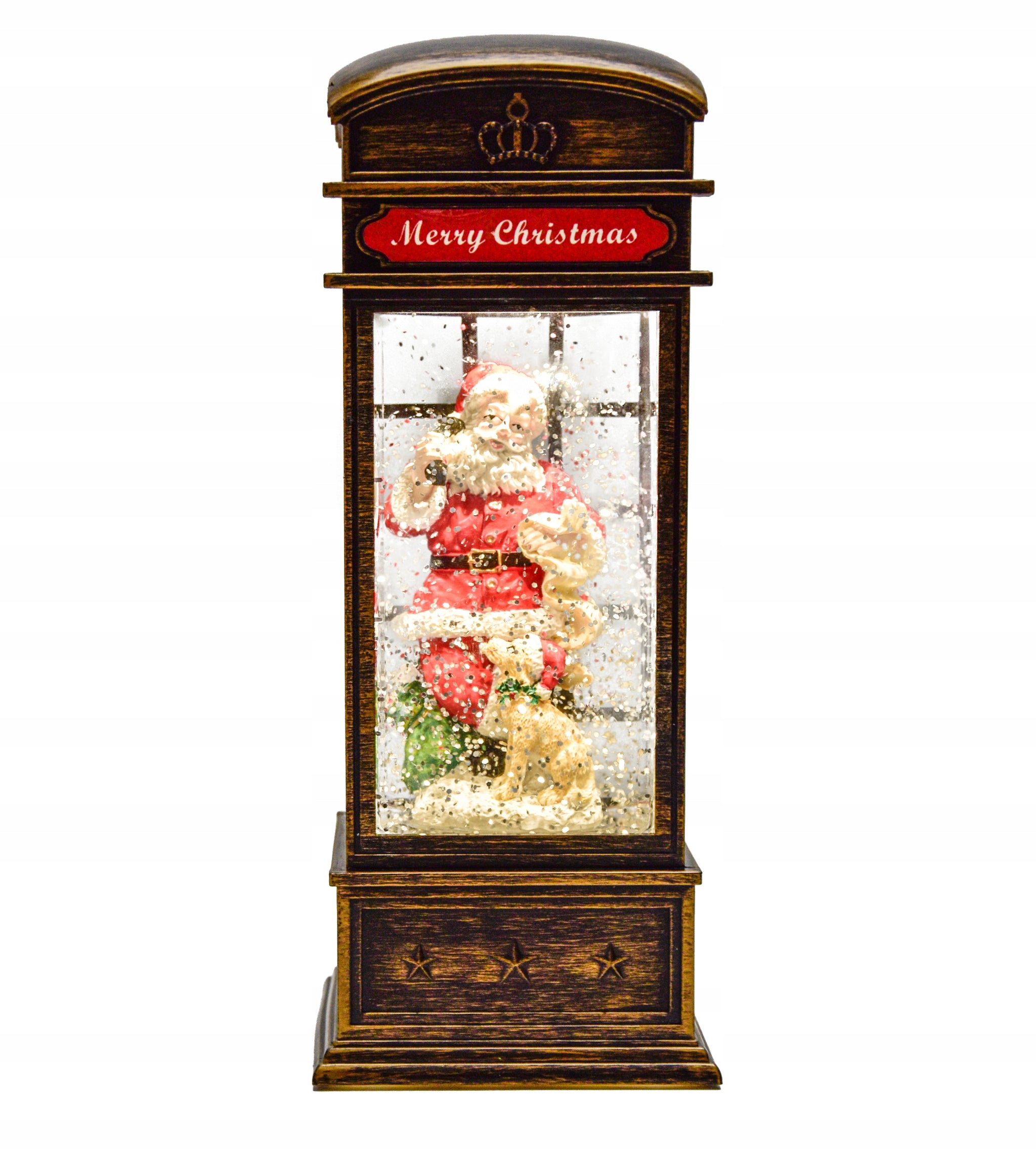 Kalėdinė dekoracija - telefono būdelė su Kalėdų seneliu, dovanomis ir krentančiu sniegu