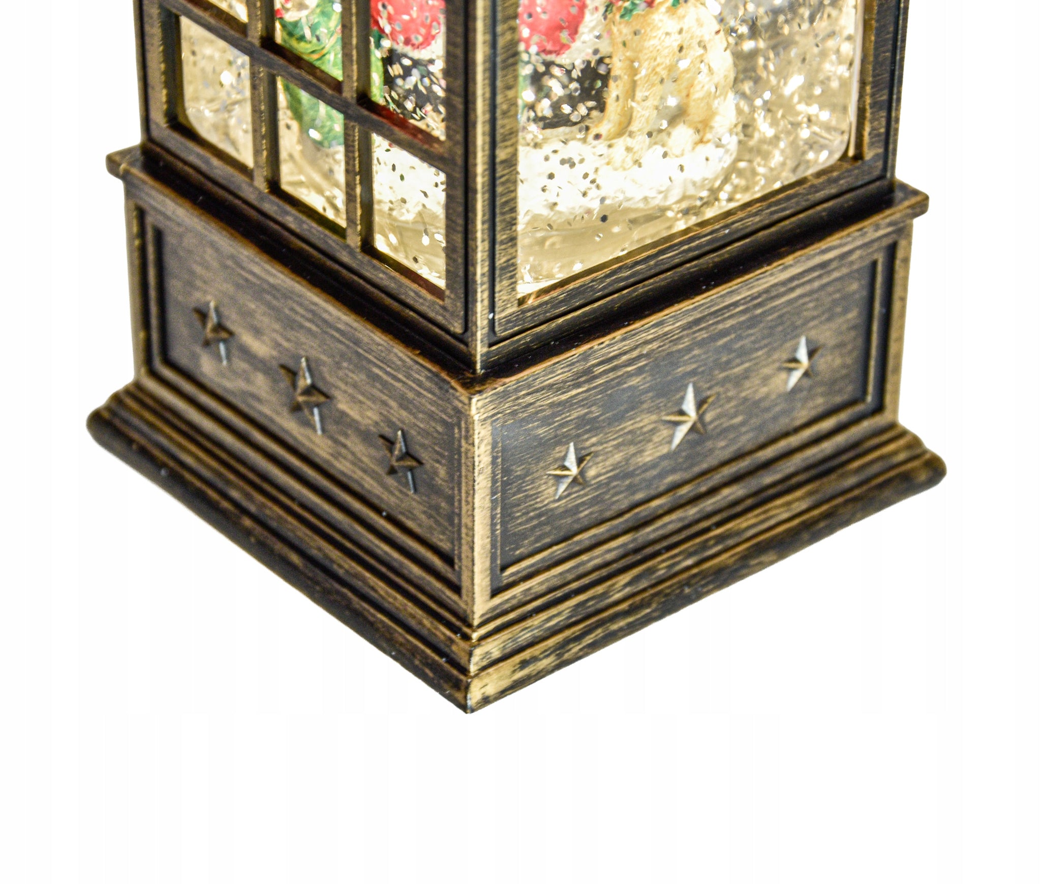 Kalėdinė dekoracija - telefono būdelė su Kalėdų seneliu, dovanomis ir krentančiu sniegu