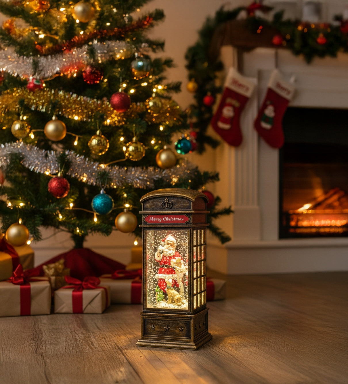 Kalėdinė dekoracija - telefono būdelė su Kalėdų seneliu, dovanomis ir krentančiu sniegu