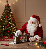 Kalėdinė dekoracija - telefono būdelė su Kalėdų seneliu, dovanomis ir krentančiu sniegu