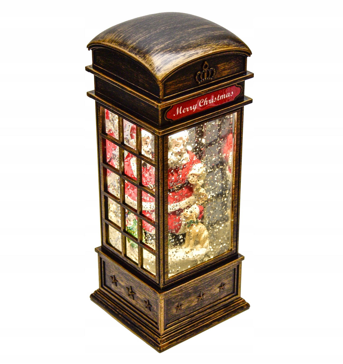 Kalėdinė dekoracija - telefono būdelė su Kalėdų seneliu, dovanomis ir krentančiu sniegu