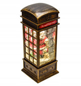 Kalėdinė dekoracija - telefono būdelė su Kalėdų seneliu, dovanomis ir krentančiu sniegu