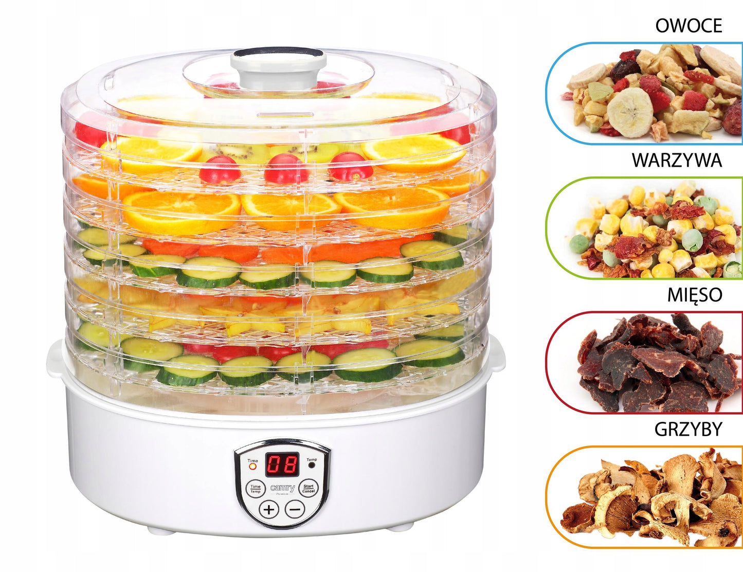 Didelė vaisių, daržovių, grybų džiovykla su cirkuliaciniu kaitinimu 550W, 5 aukštos talpos padėklai