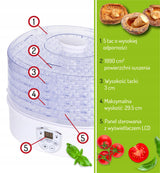 Didelė vaisių, daržovių, grybų džiovykla su cirkuliaciniu kaitinimu 550W, 5 aukštos talpos padėklai