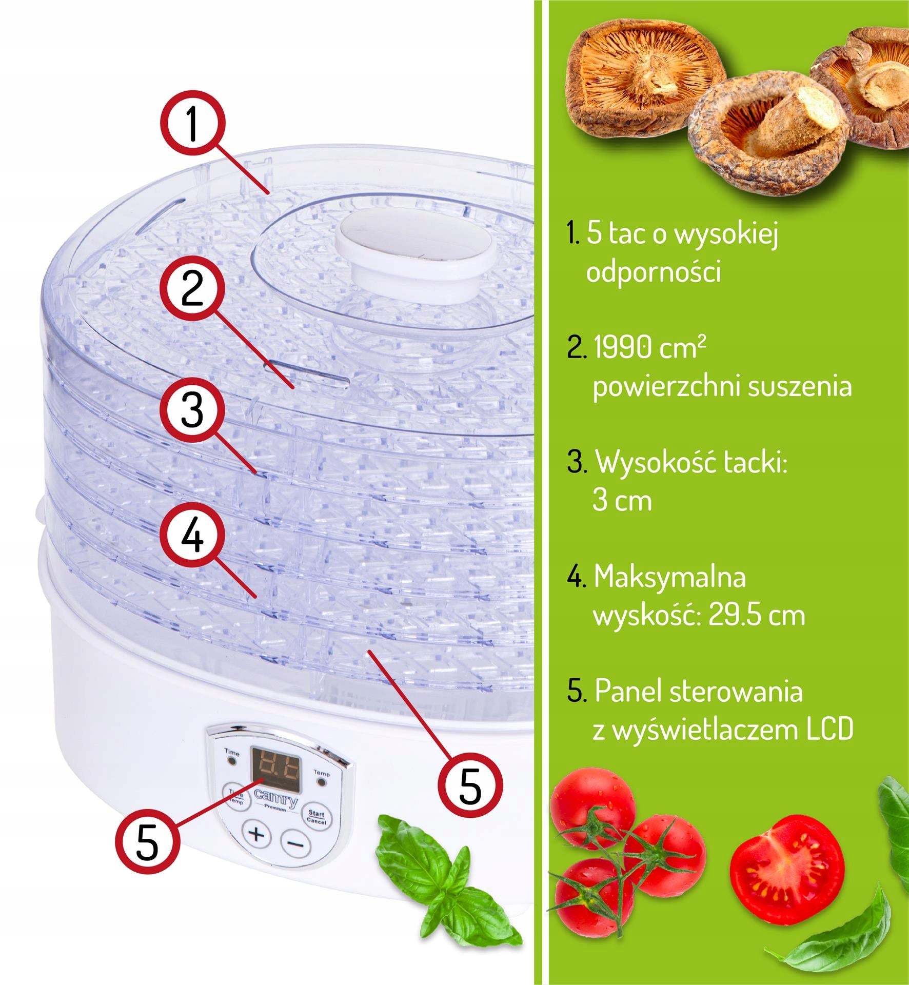 Didelė vaisių, daržovių, grybų džiovykla su cirkuliaciniu kaitinimu 550W, 5 aukštos talpos padėklai