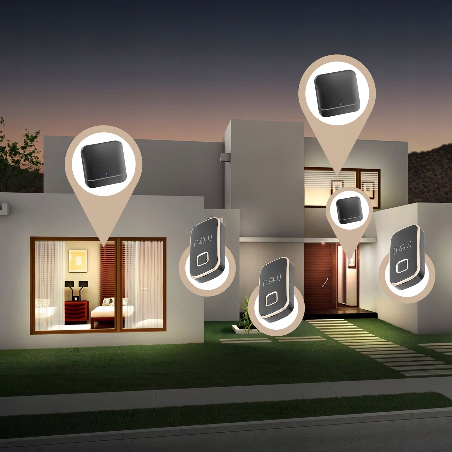 Belaidis vandeniui atsparus IP44 skambutis, ilgas veikimo nuotolis namų durims, varteliams