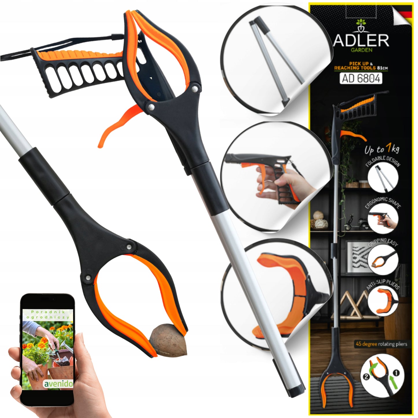 Ilga sulankstoma ranka surinkimui ir paemimui šiukšlių, lapų, žaislų