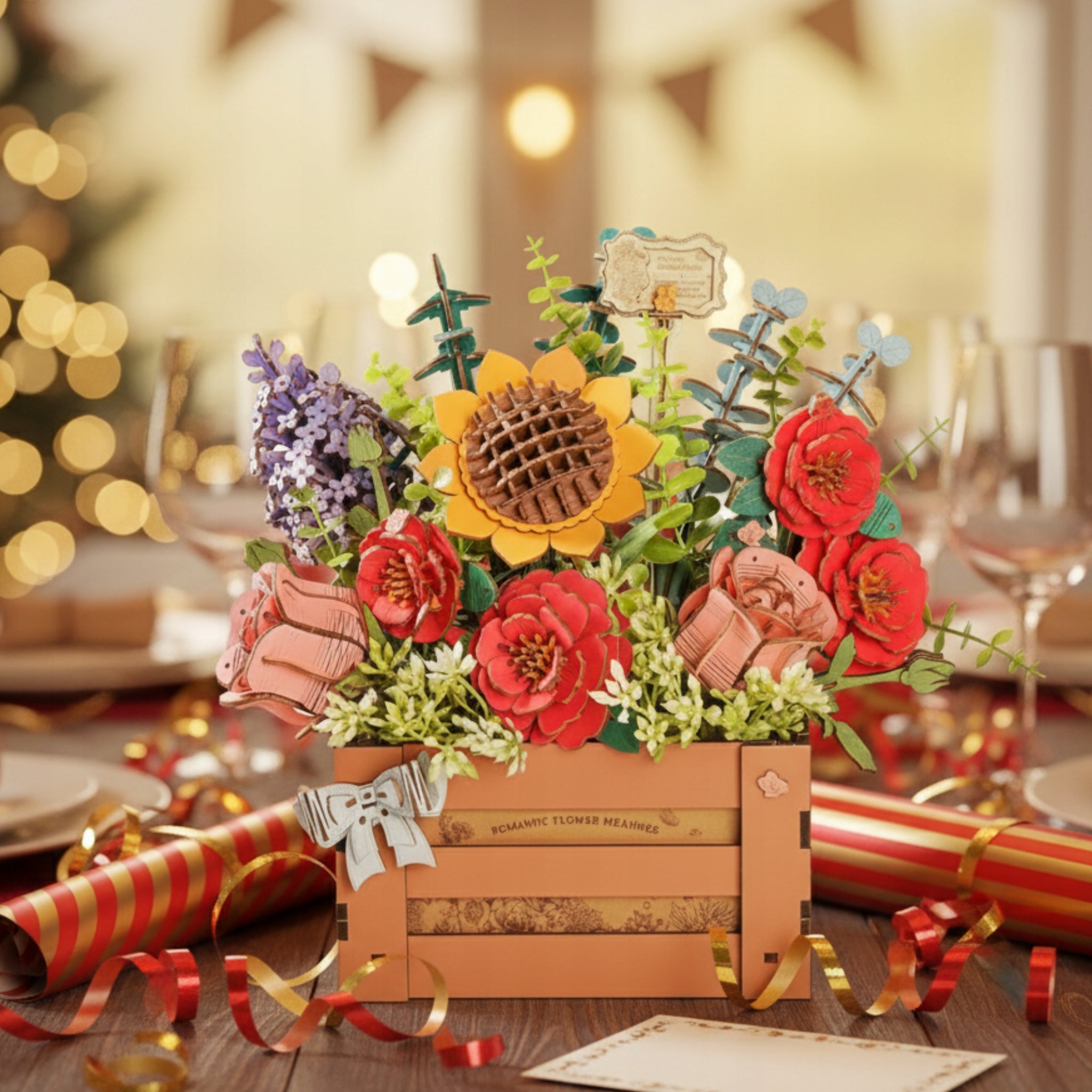 Medinis Puokštės Gėlės Vazoje 3D Dėlionė ROWOOD Namų Dekoras Pasidaryk Pats