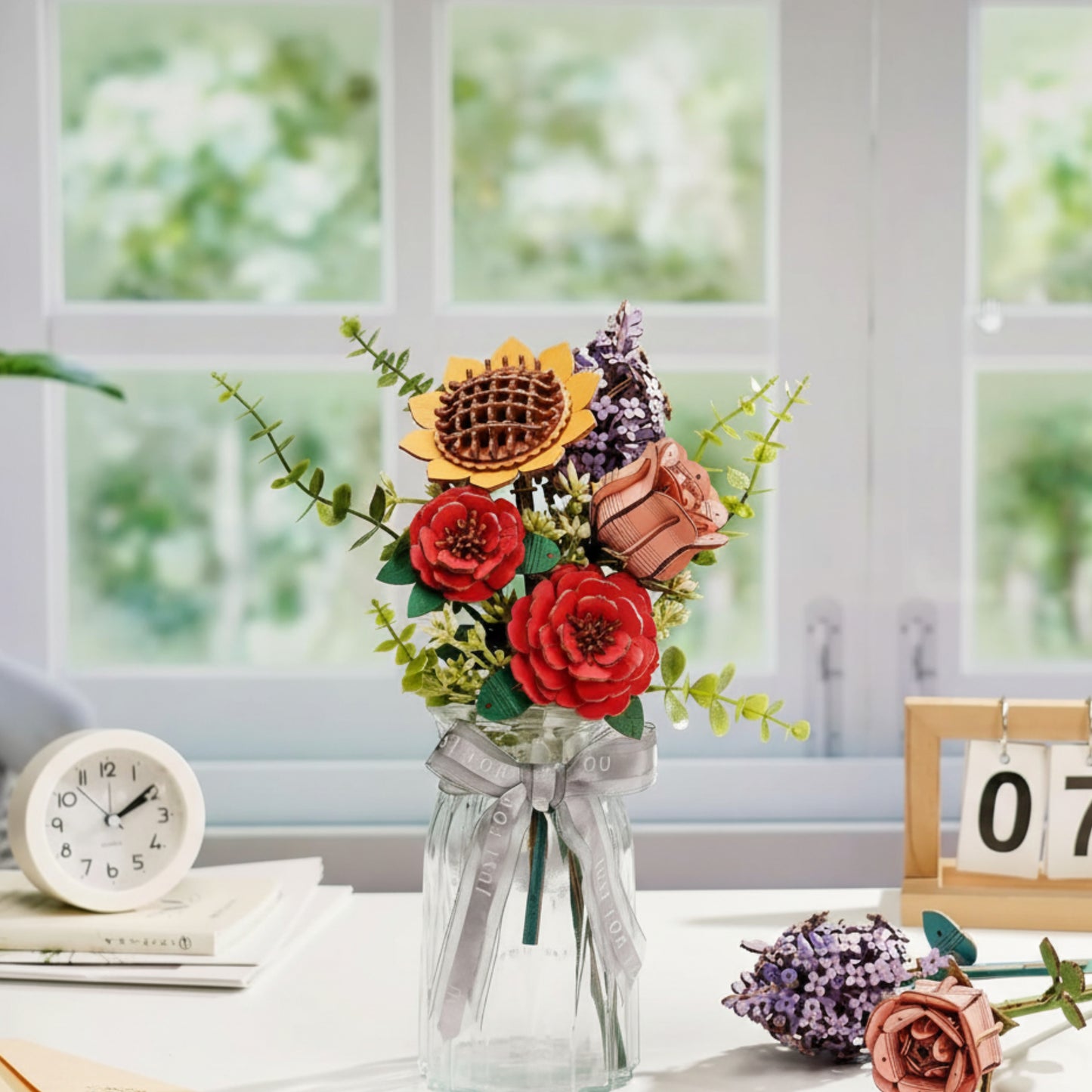 Medinis Puokštės Gėlės Vazoje 3D Dėlionė ROWOOD Namų Dekoras Pasidaryk Pats