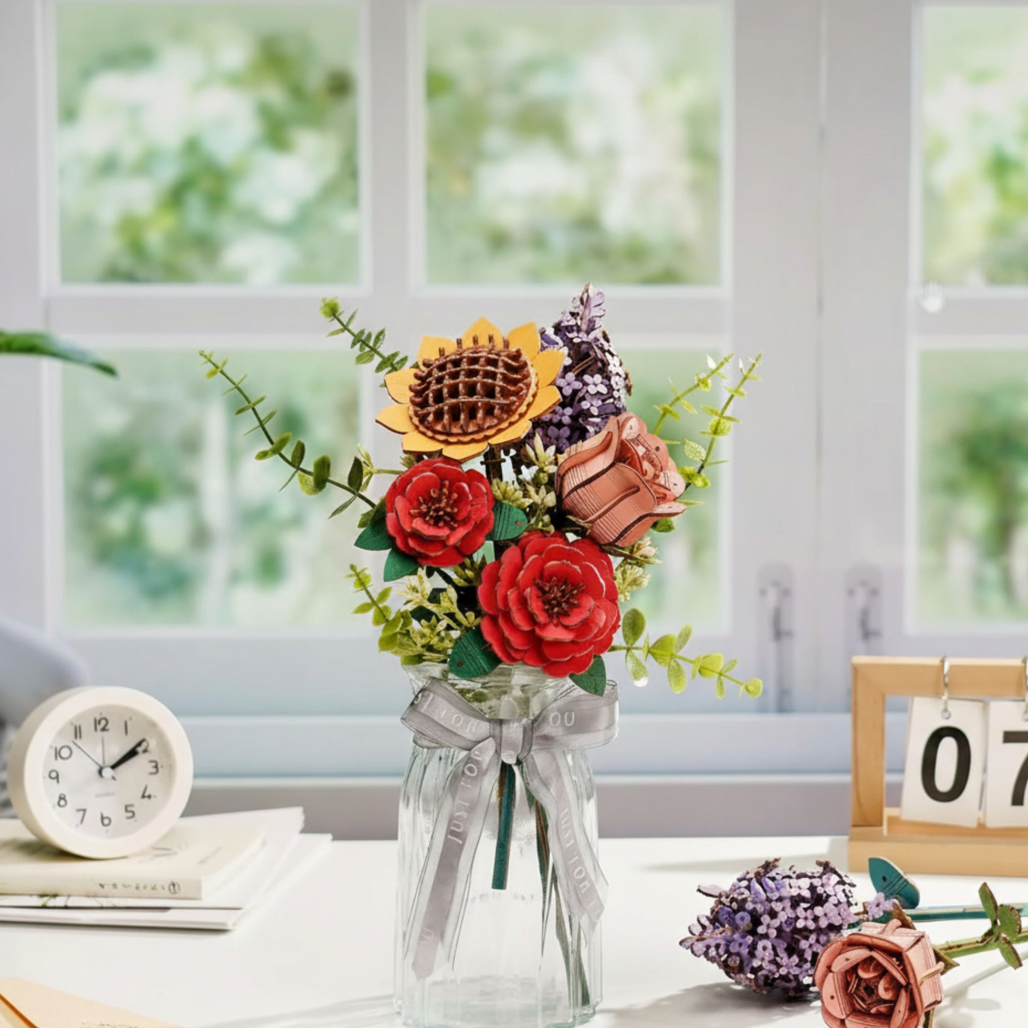 Medinis Puokštės Gėlės Vazoje 3D Dėlionė ROWOOD Namų Dekoras Pasidaryk Pats