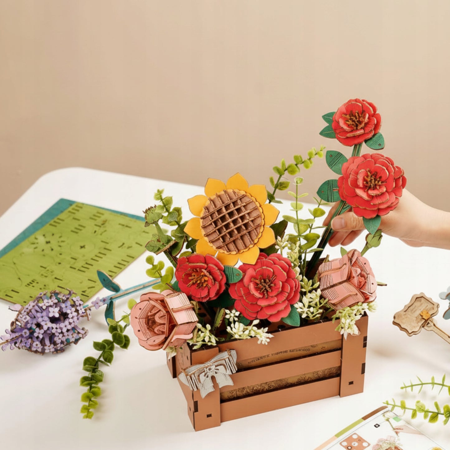 Medinis Puokštės Gėlės Vazoje 3D Dėlionė ROWOOD Namų Dekoras Pasidaryk Pats