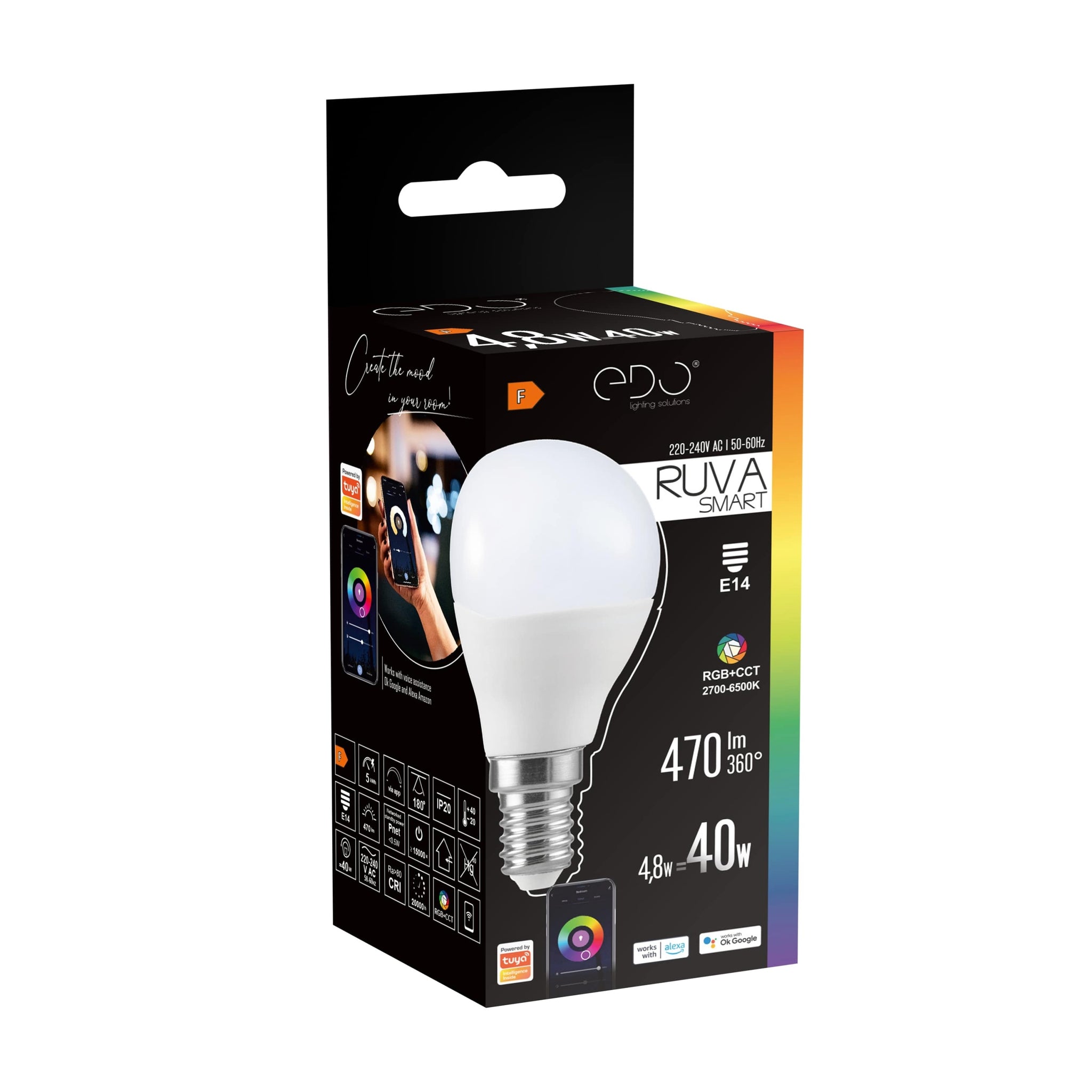 EDO LED lemputė E14 4,8W = 40W 470lm RGB +WW-CW WiFi TUYA SMART Išmani