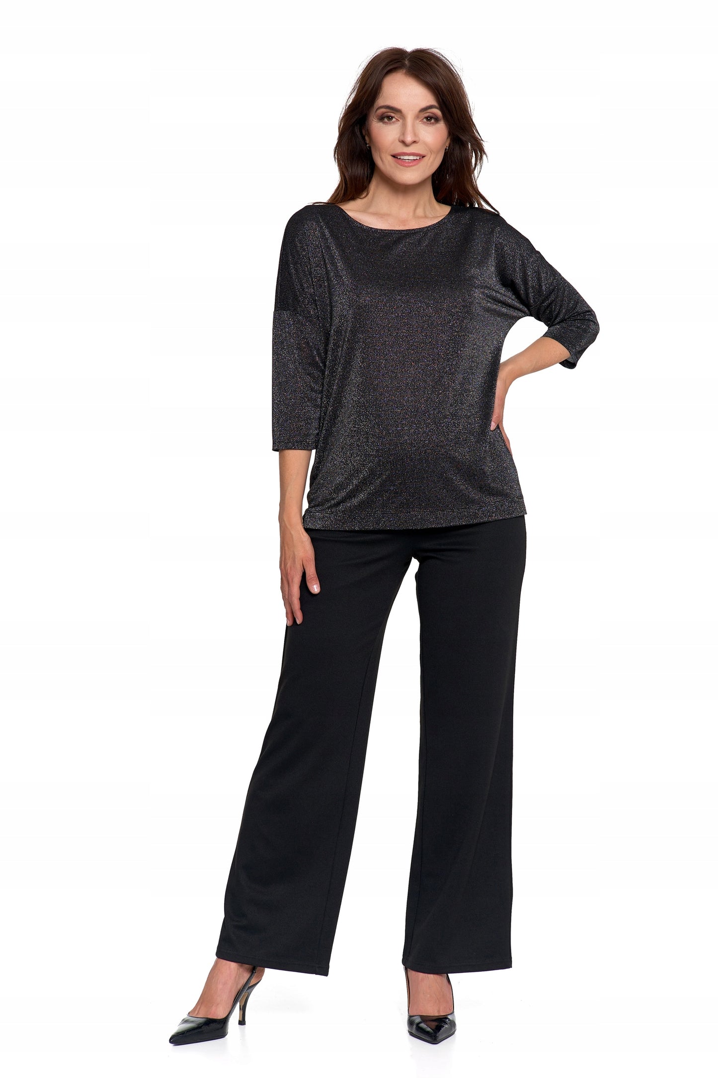 Elegantiškas moteriškas blizgantis madingas 3/4 rankovių palaidų marškinių palaidinė, Moraj XL