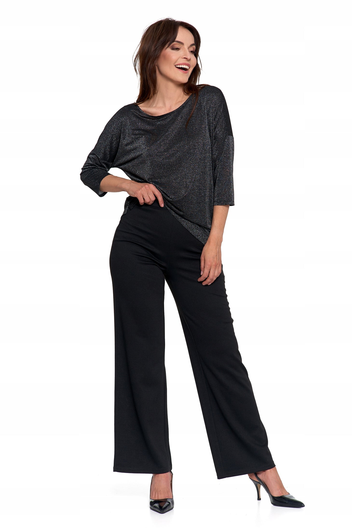 Elegantiškas moteriškas blizgantis madingas 3/4 rankovių palaidų marškinių palaidinė, Moraj XL