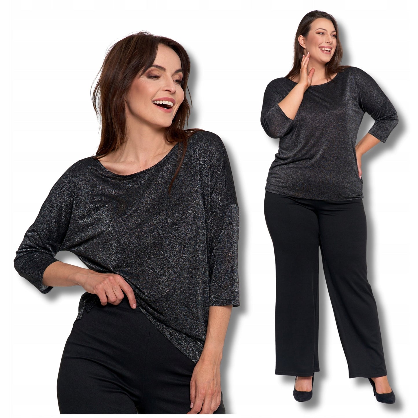 ELEGANTIŠKA MOTERIŠKA BLIŪZĖ BLIZGANTI MADINGA 3/4 RANKOVĖ LAISVA MARŠKINĖLIŲ MORAJ XXL