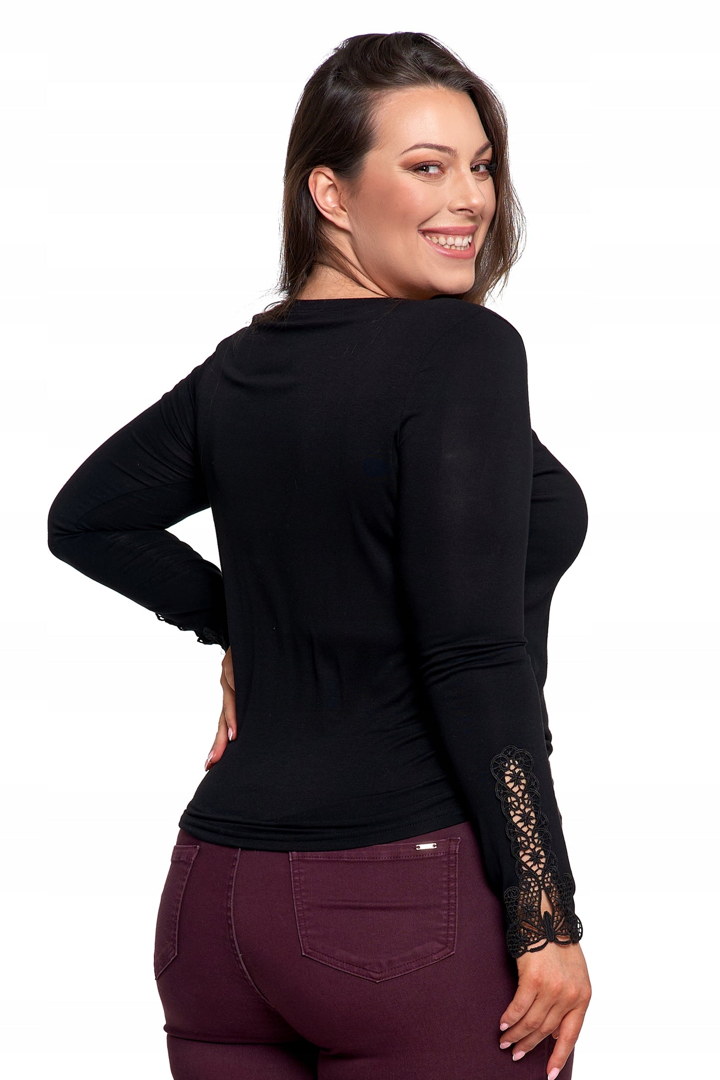 Elegantiška moteriška juoda palaidinė su nėriniais ir ilgomis rankovėmis, madinga Moraj 3XL