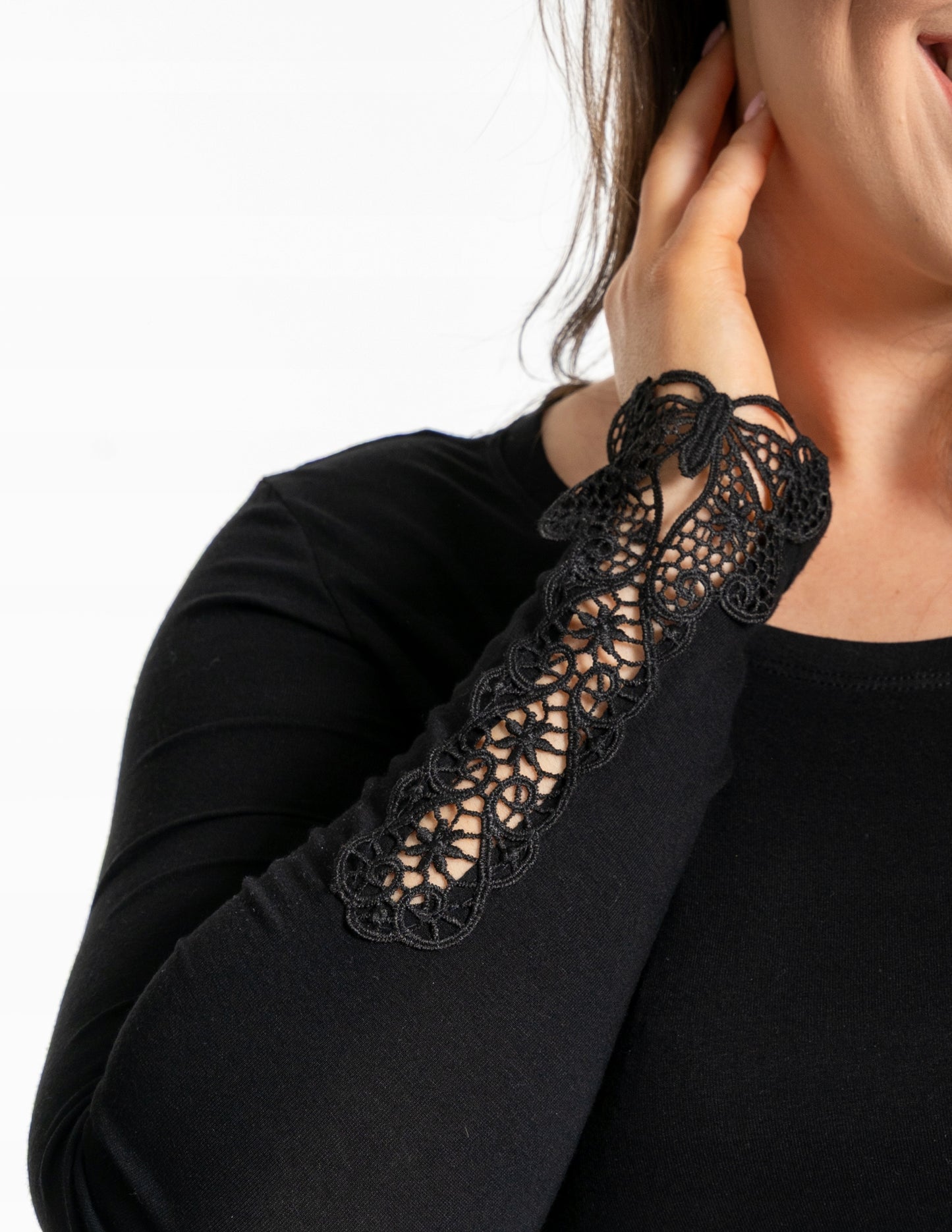 Elegantiška moteriška juoda palaidinė su nėriniais ir ilgomis rankovėmis, madinga Moraj 3XL