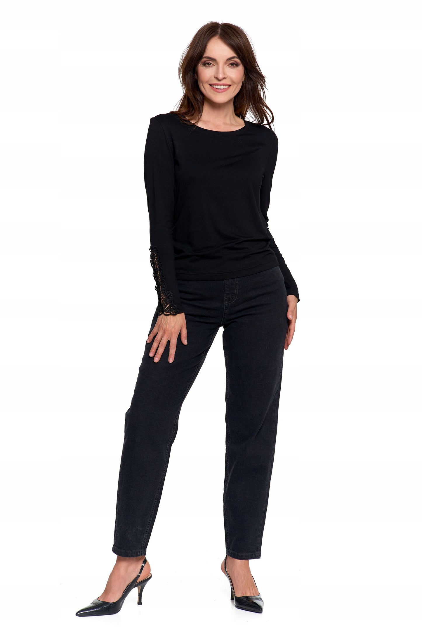 Elegantiška moteriška juoda palaidinė su nėriniais ir ilgomis rankovėmis, madinga Moraj 3XL