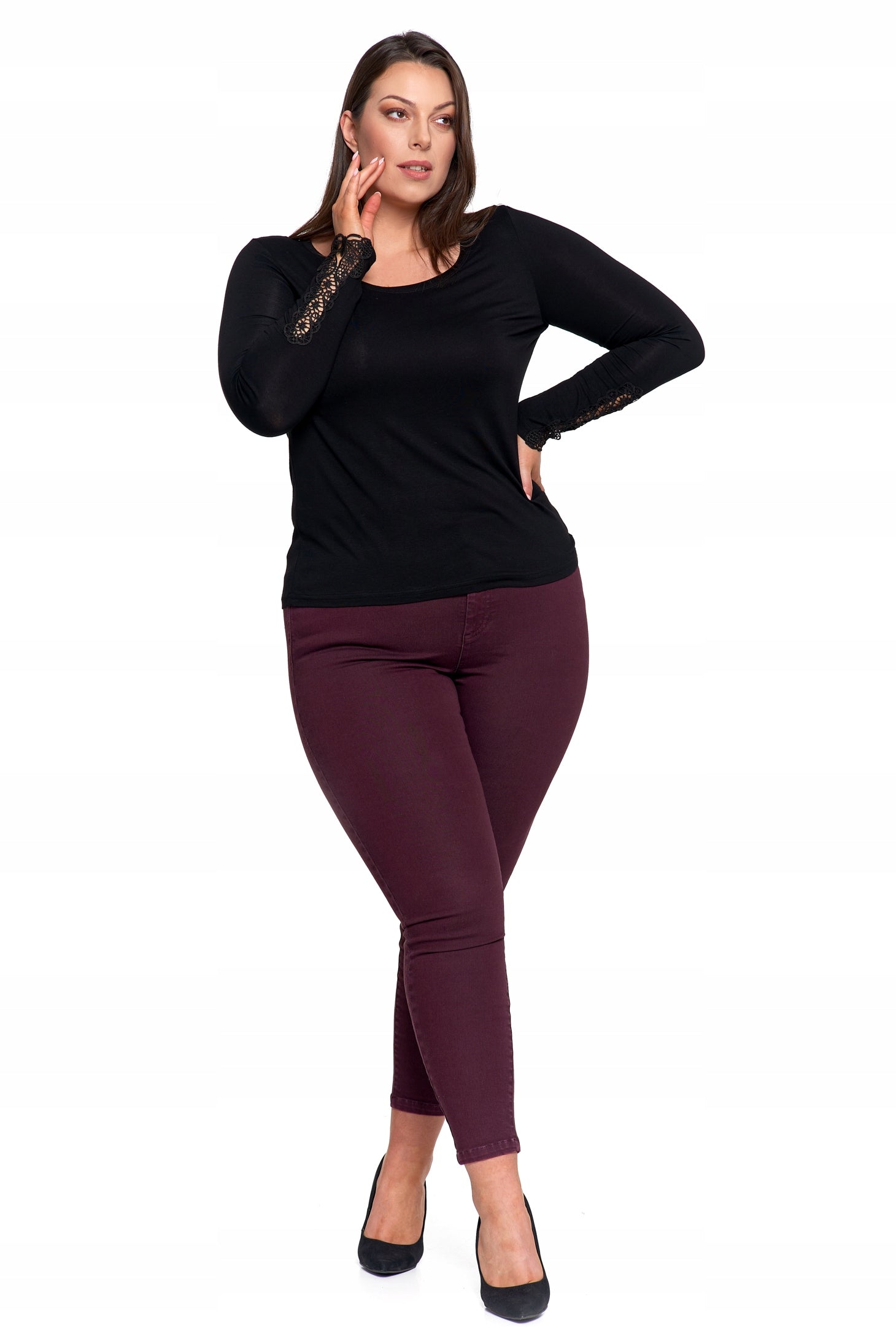 Elegantiška moteriška juoda palaidinė su nėriniais ir ilgomis rankovėmis, madinga Moraj 3XL