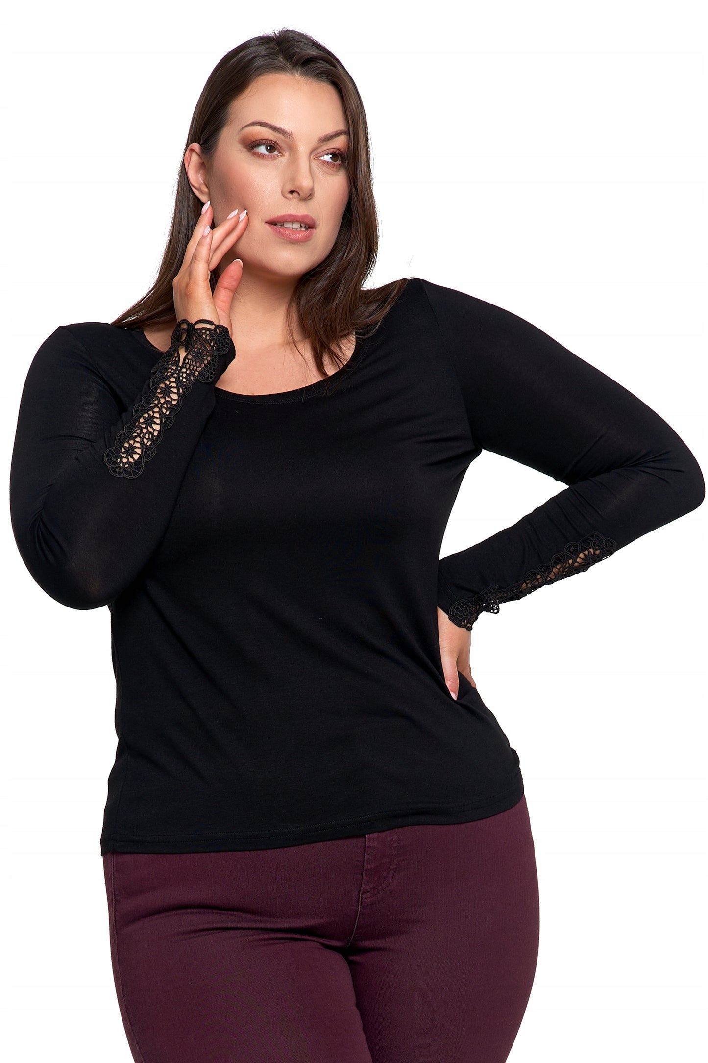 Elegantiška moteriška juoda palaidinė su nėriniais ir ilgomis rankovėmis, madinga Moraj 3XL