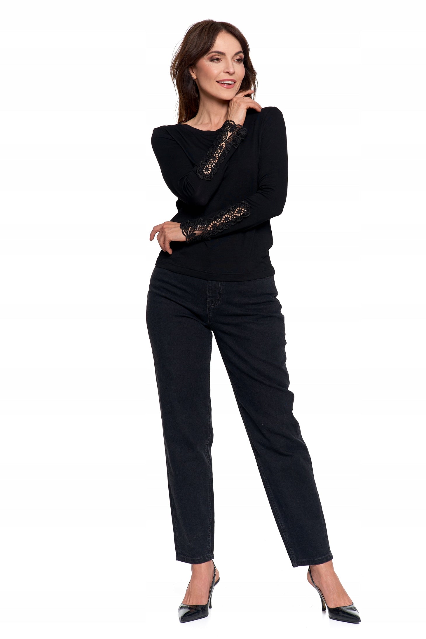 Elegantiška moteriška juoda palaidinė su nėriniais ir ilgomis rankovėmis, madinga Moraj 3XL