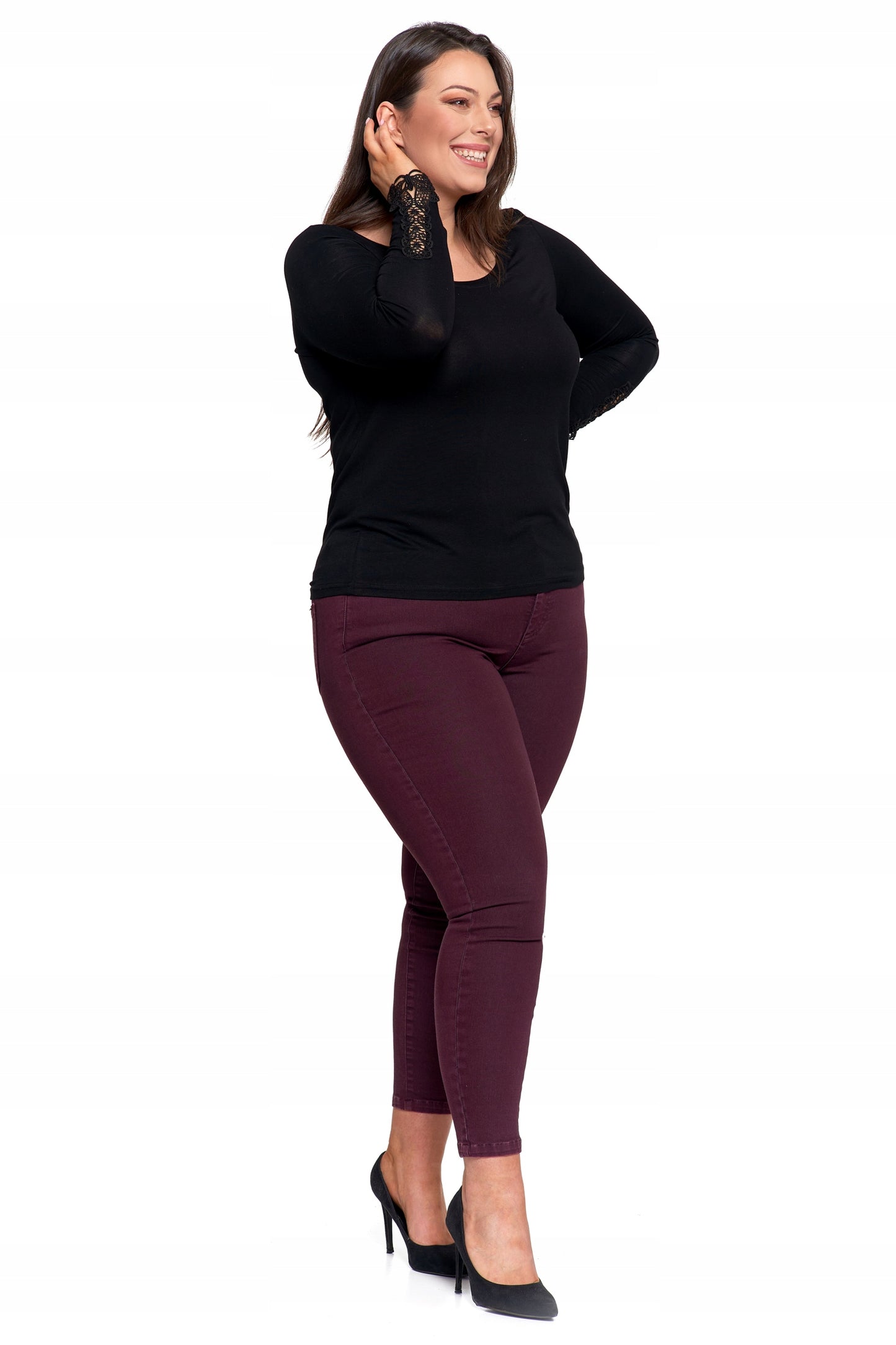 Elegantiška moteriška juoda palaidinė su nėriniais ir ilgomis rankovėmis, madinga Moraj 3XL