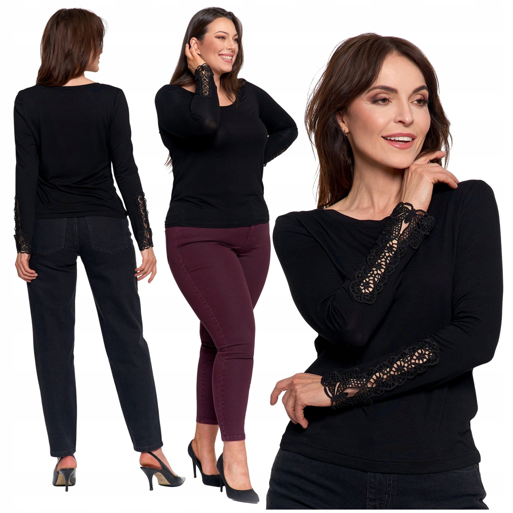 Elegantiška moteriška juoda palaidinė su nėriniais ir ilgomis rankovėmis, madinga Moraj 3XL