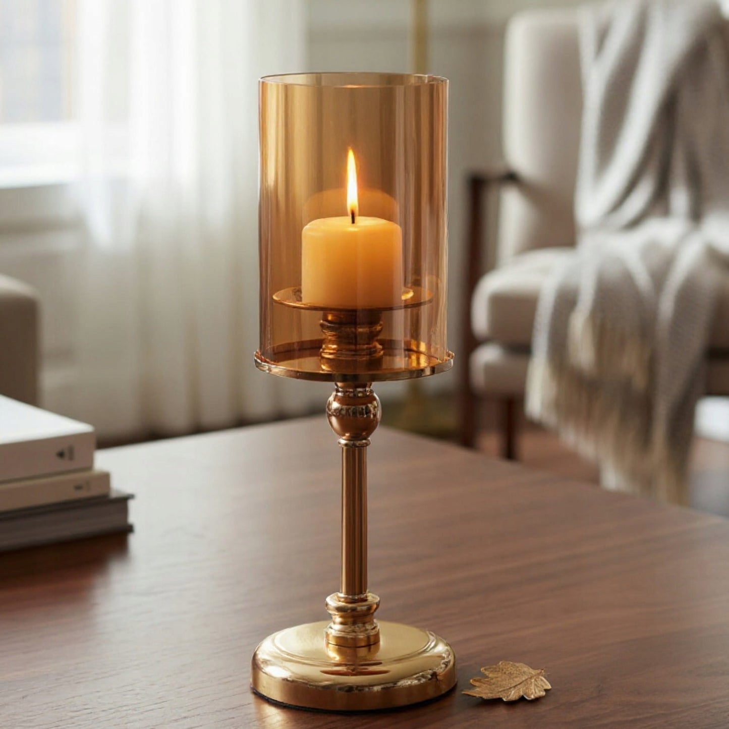 Elegantiška auksinė žvakidė su 35 cm stikliniu cilindru, Kalėdinė dekoracija