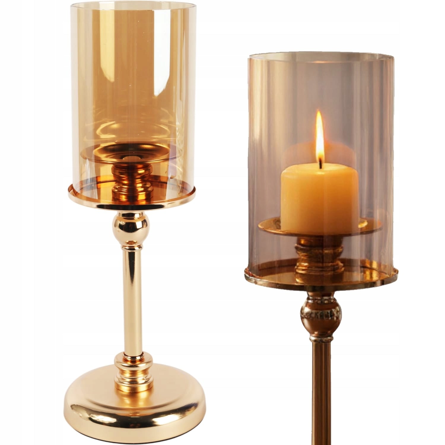 Elegantiška auksinė žvakidė su 35 cm stikliniu cilindru, Kalėdinė dekoracija
