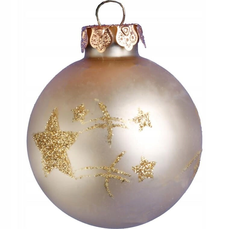 Elegantiškas 18 Stiklinių Kalėdinių Papuošalų Rinkinys Šampano Spalvos Matinis, Blizgus, Su Blizgučiais EGLUTEI