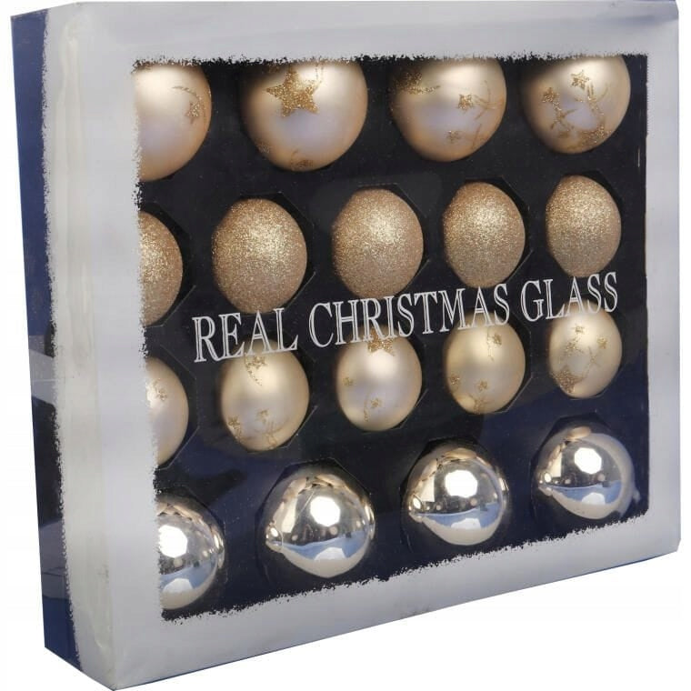 Elegantiškas 18 Stiklinių Kalėdinių Papuošalų Rinkinys Šampano Spalvos Matinis, Blizgus, Su Blizgučiais EGLUTEI