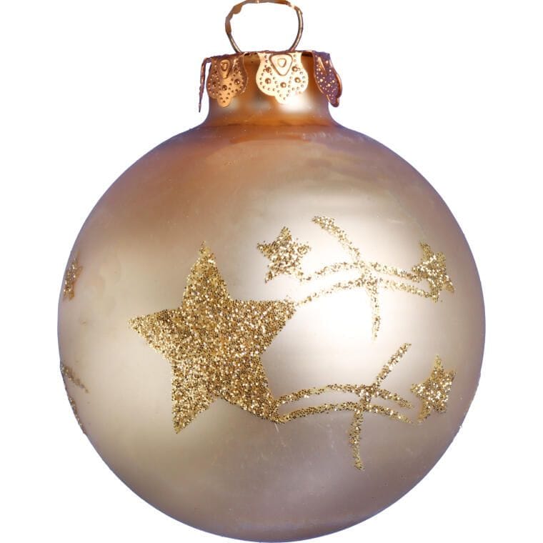 Elegantiškas 18 Stiklinių Kalėdinių Papuošalų Rinkinys Šampano Spalvos Matinis, Blizgus, Su Blizgučiais EGLUTEI