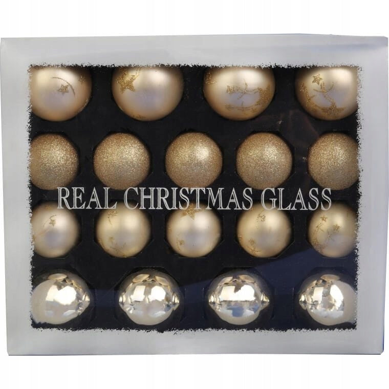 Elegantiškas 18 Stiklinių Kalėdinių Papuošalų Rinkinys Šampano Spalvos Matinis, Blizgus, Su Blizgučiais EGLUTEI