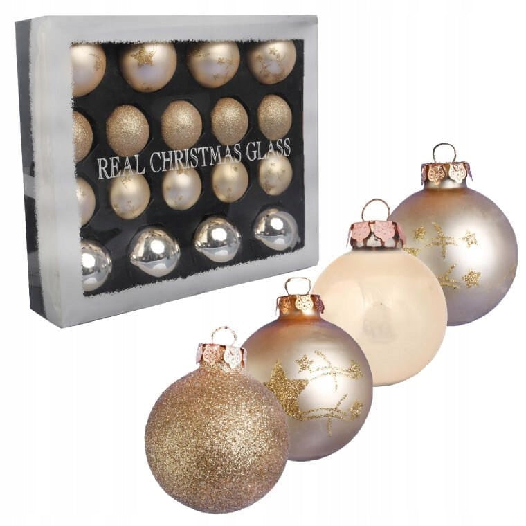 Elegantiškas 18 Stiklinių Kalėdinių Papuošalų Rinkinys Šampano Spalvos Matinis, Blizgus, Su Blizgučiais EGLUTEI